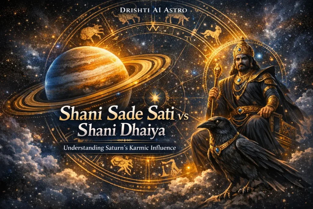 Shani Sade Sati vs Shani Dhaiya Saturn karmic cycle Vedic astrology illustration